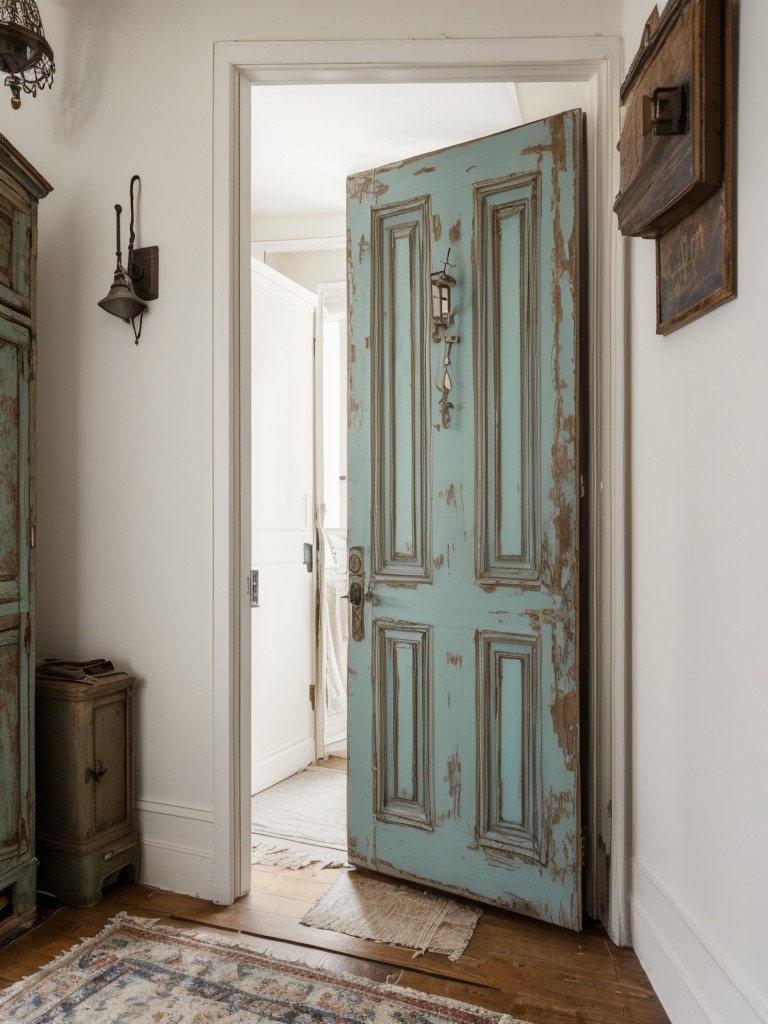 Opt for a shabby chic or bohemian-inspired apartment entrance door by painting it in a distressed finish or incorporating eclectic hardware, creating a cozy and eclectic vibe.