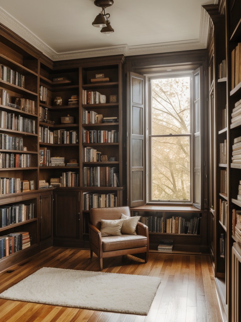 Bookworm's apartment with a cozy reading nook, floor-to-ceiling bookshelves, and a calming ambiance for deep dives into literature.