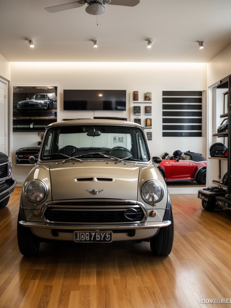 Car enthusiast's apartment that showcases a mini garage or car-related decorations, celebrating their love for automobiles.