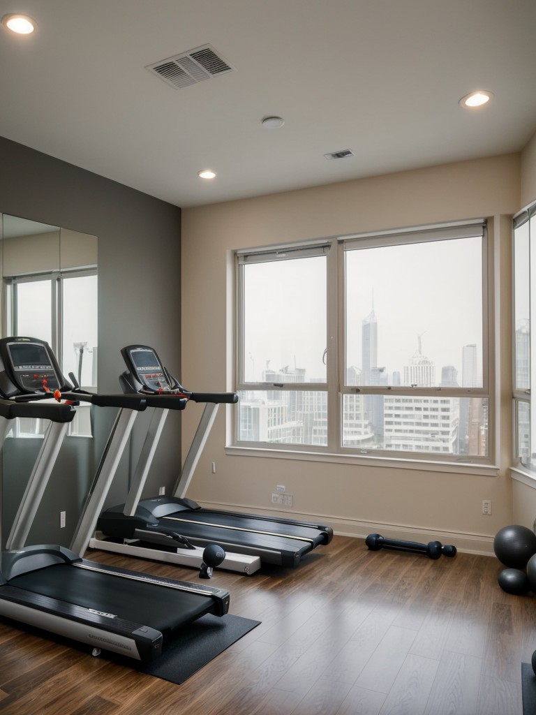 Fitness-focused apartment ideas featuring a dedicated workout area, gym equipment, and motivational decor.