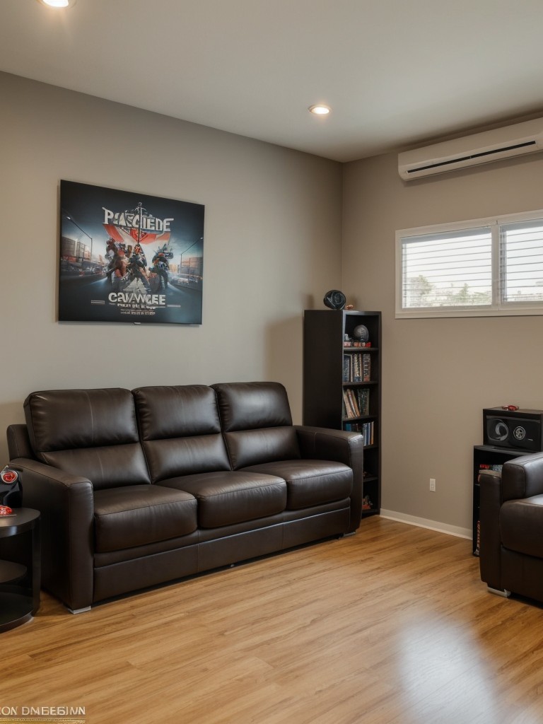 Gamer's paradise apartment with a dedicated gaming corner, comfortable seating, and themed decor.