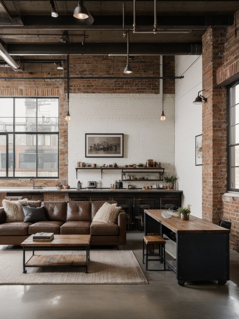 Industrial loft apartment ideas featuring exposed brick walls, metal furnishings, and vintage-inspired decor.