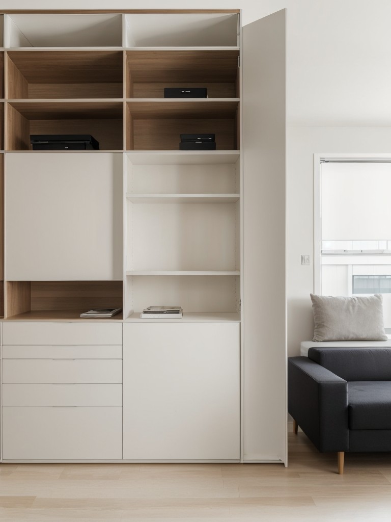 Minimalist apartment design with sleek furniture, neutral color palettes, and organized storage solutions.