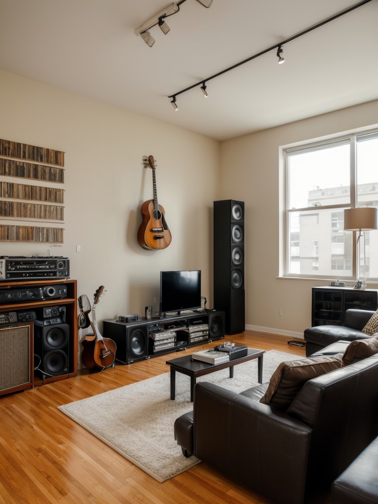 Music enthusiast's apartment featuring a dedicated music room with instruments, vinyl collection, and soundproofing.