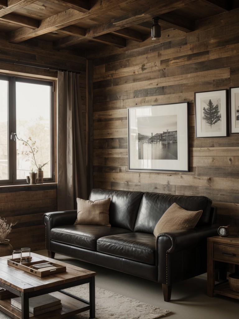 Rustic-inspired apartment decor with masculine touches like leather accents and dark wood furniture.