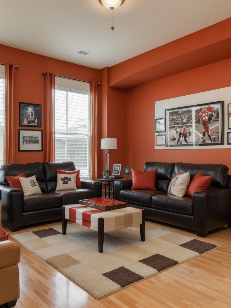 Sports-themed apartment decor showcasing memorabilia and team colors to create a personalized space.