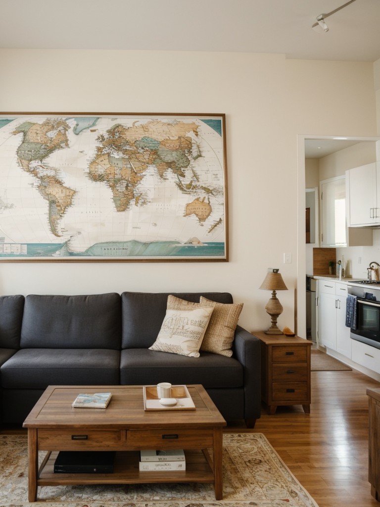 Travel-inspired apartment decor incorporating maps, souvenirs, and worldly accents to create a wanderlust atmosphere.