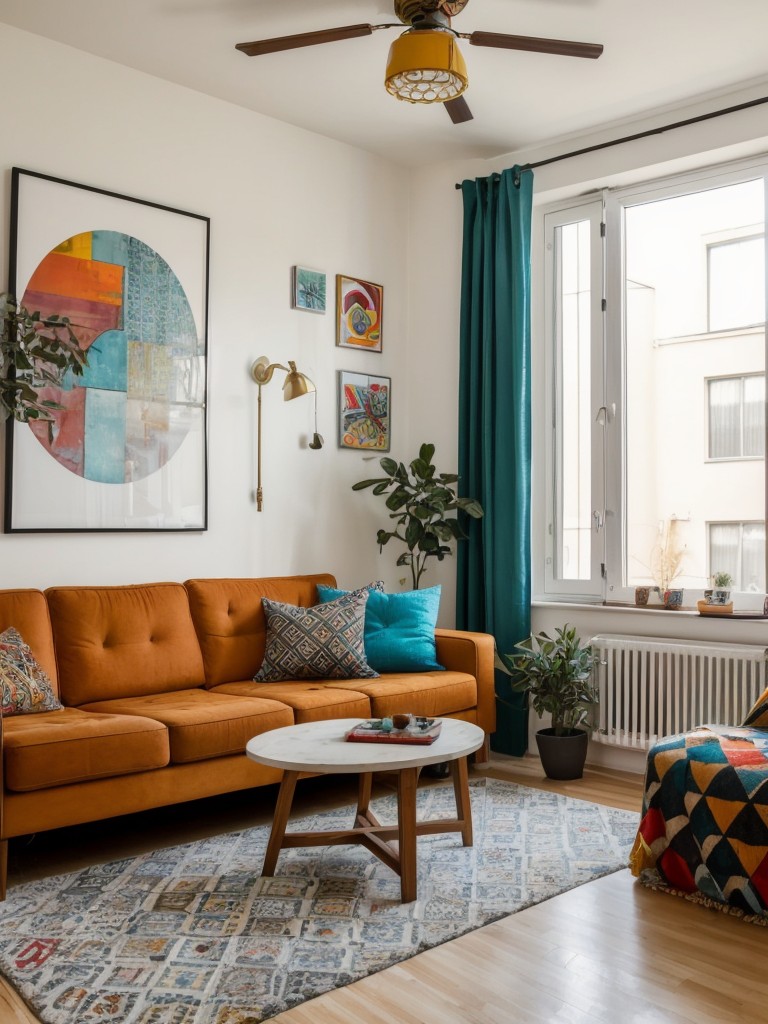 Create a funky and eclectic apartment by mixing different styles, patterns, and colors, and showcasing unique art and decor pieces.