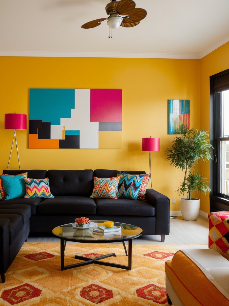 Create a vibrant and energetic atmosphere in your apartment by using bold colors, graphic patterns, and eclectic decor pieces.