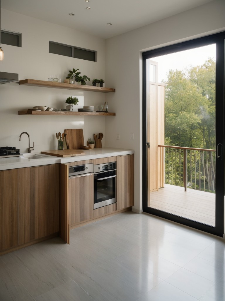 Design an apartment with a focus on sustainability by using eco-friendly materials, energy-efficient appliances, and incorporating natural light and ventilation.