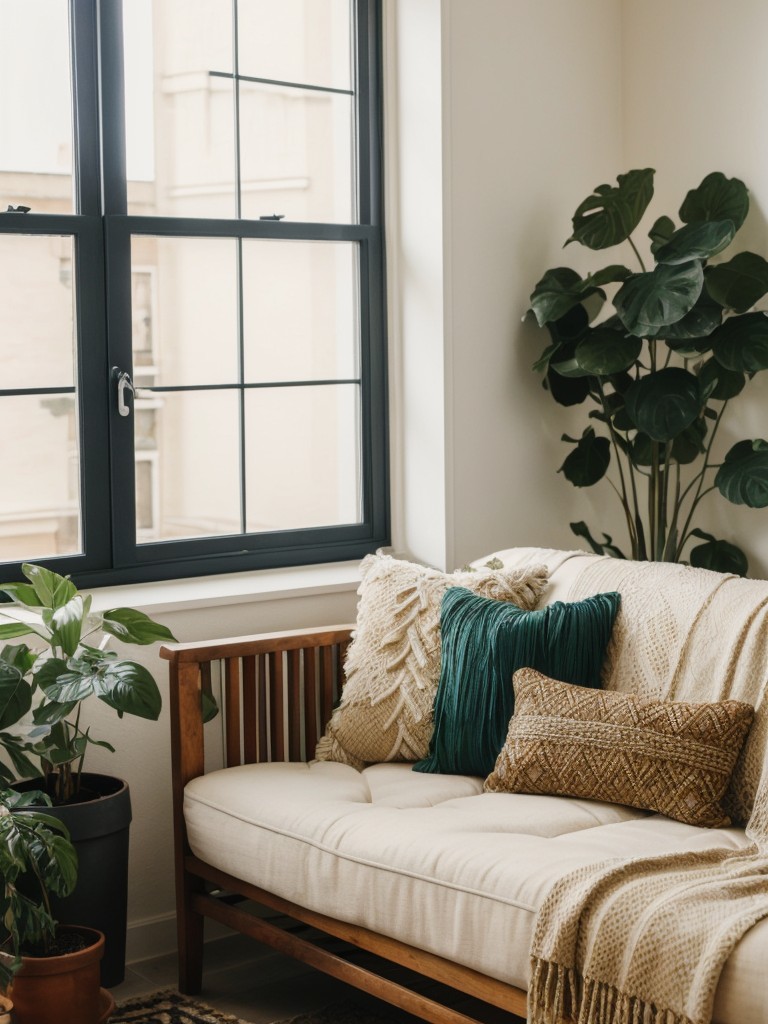 Embrace a bohemian style in your apartment by mixing patterns, textures, and incorporating plants and unique, handcrafted decor pieces.