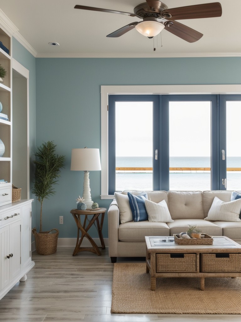 Embrace a coastal-inspired design for your apartment, incorporating nautical colors, natural textures, and beach-themed decor.