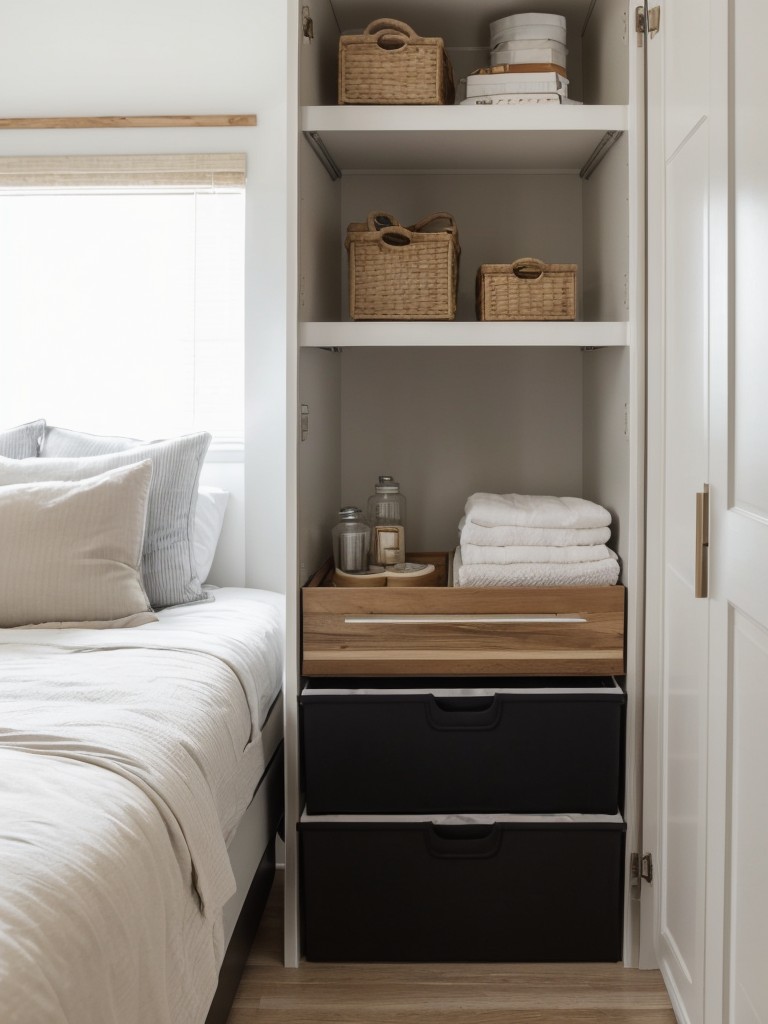 Utilize clever storage solutions like under-bed drawers, floating shelves, and hanging organizers to maximize the space in your apartment.