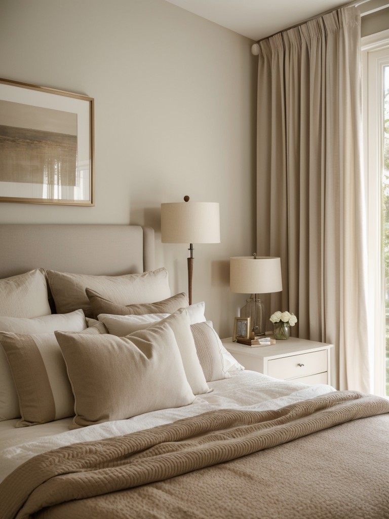 Create a cozy and inviting bedroom with soft bedding, throw pillows, and ambient lighting.