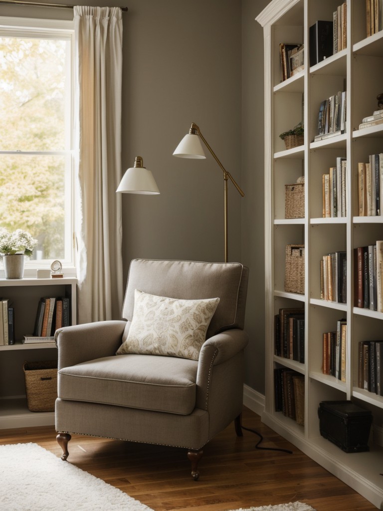 Create a cozy reading nook in the living room with a comfortable armchair, a floor lamp, and a stylish bookshelf.