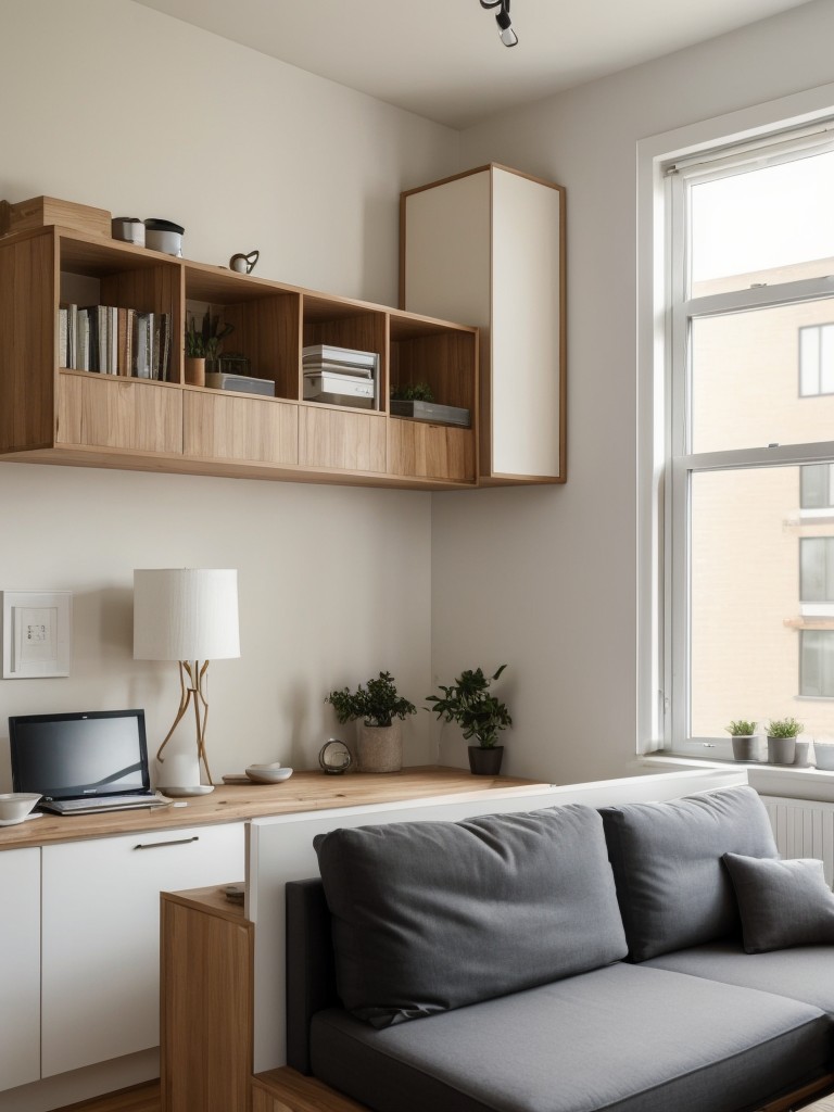 Cozy studio apartment layout with multifunctional furniture pieces and clever storage solutions.