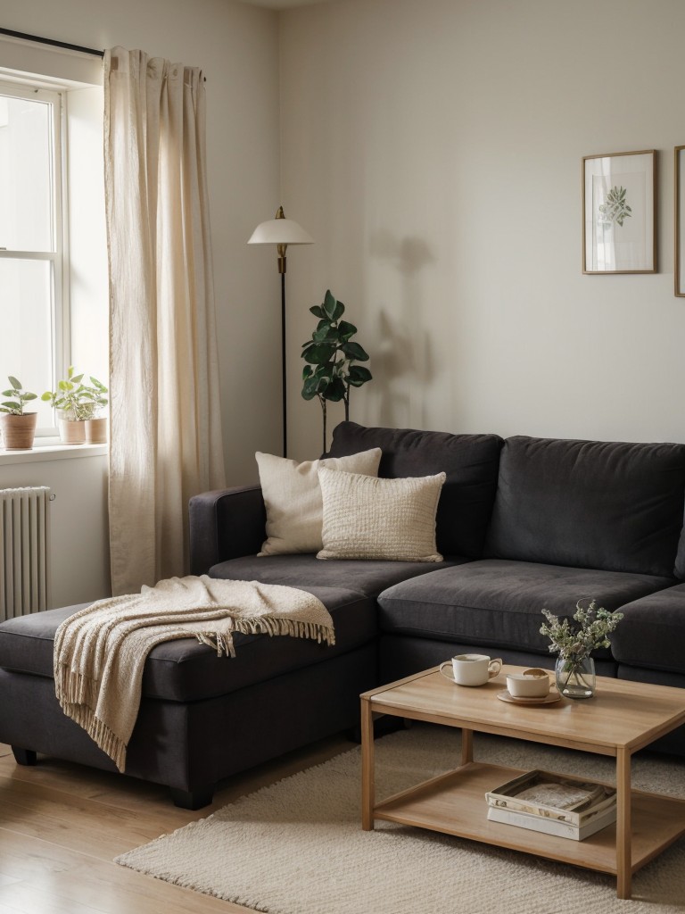 Emphasizing comfort by incorporating cozy textiles, plush seating, and soft lighting in the budget-friendly apartment.