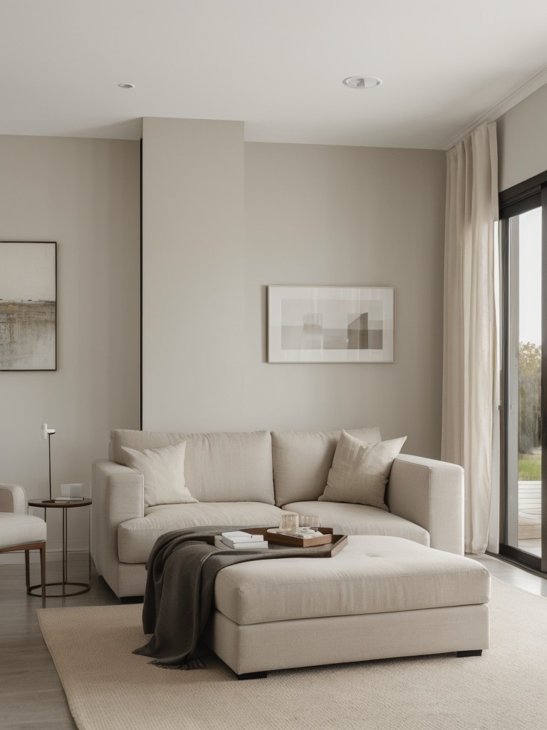 Implementing a neutral color palette and minimalist design to create a sophisticated and cost-effective living space.