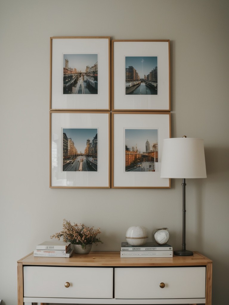 Incorporating DIY art and photo displays to personalize the apartment and make it feel like home on a limited budget.