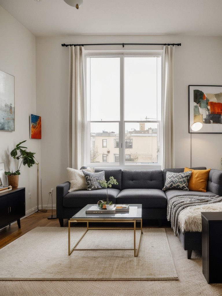 Incorporating statement pieces, such as a bold rug or unique artwork, to add personality and interest to a budget-friendly apartment.