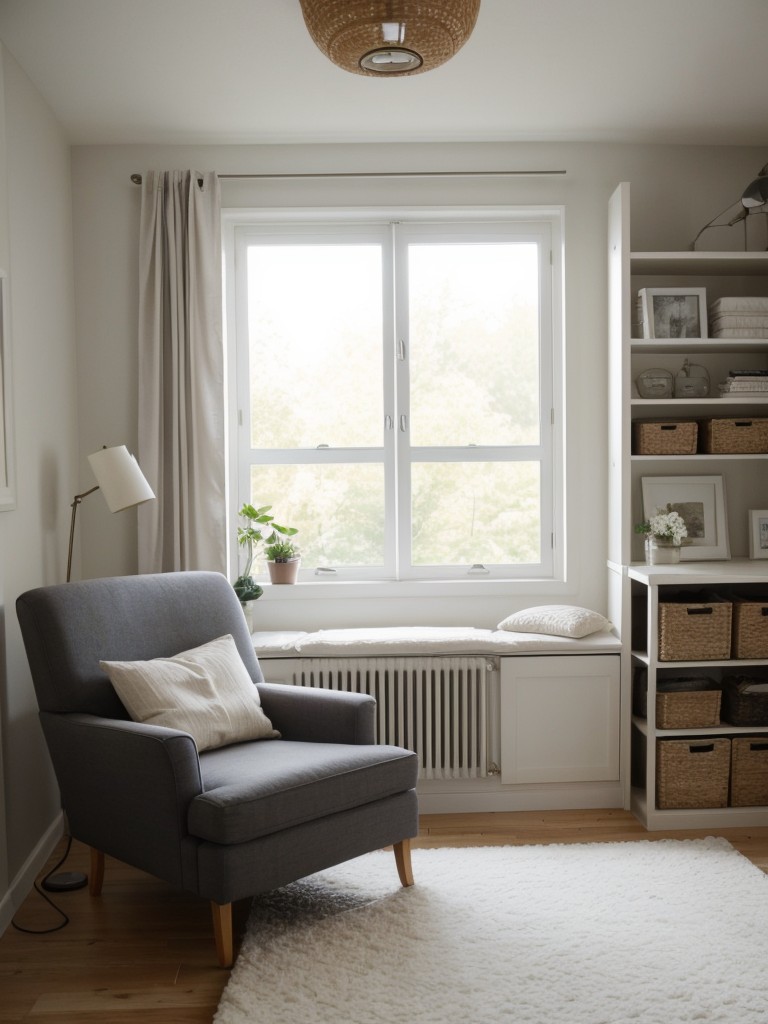 Create a cozy and inviting reading nook in a small bedroom with IKEA's comfortable chairs, task lighting, and decorative cushions.