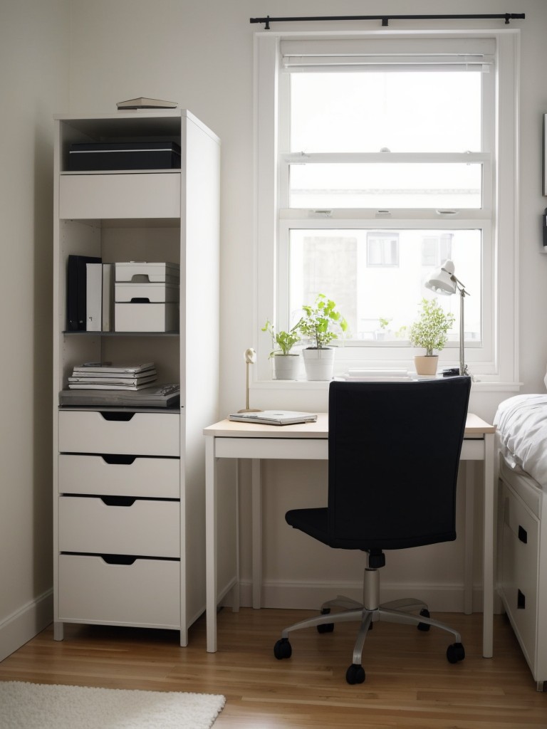 Design a comfortable and functional workspace within a small bedroom using IKEA's versatile desk and storage solutions.