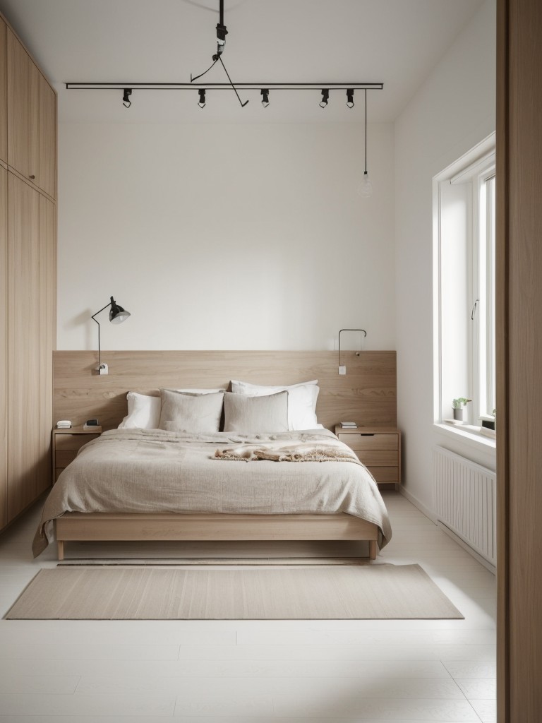 Design a small bedroom with a Scandinavian-inspired feel using IKEA's light wood finishes, neutral tones, and minimalistic designs.