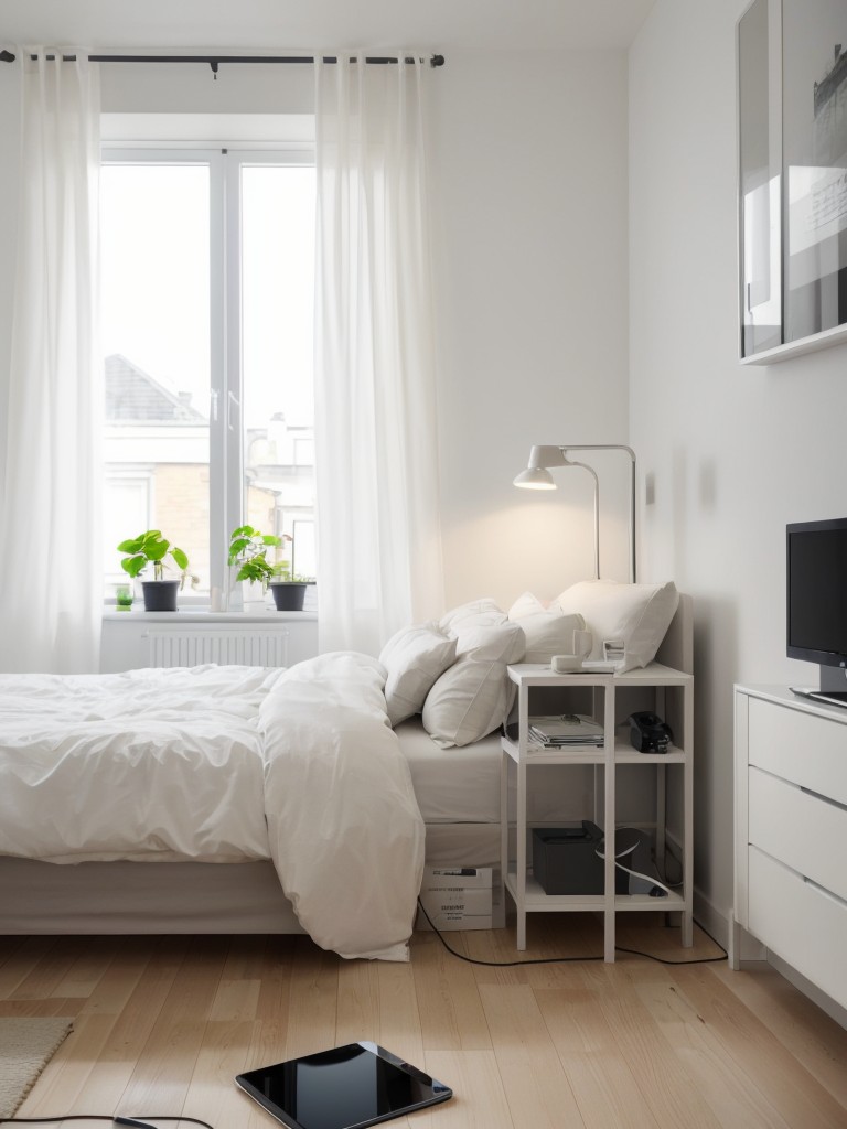 Use IKEA's smart technology solutions, such as wireless charging pads and smart lighting, to create a high-tech and efficient small bedroom.