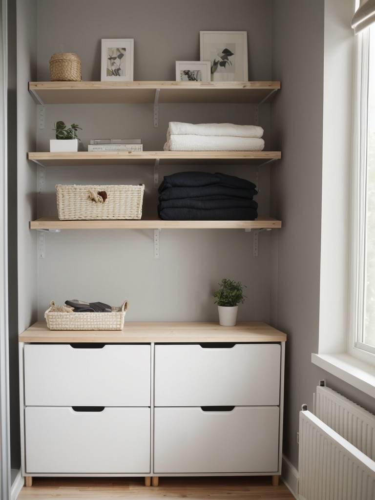 Utilize IKEA's wall-mounted storage solutions to optimize vertical space and create a clutter-free environment in a small bedroom.
