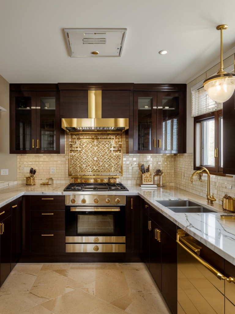 Art deco-inspired kitchen with bold geometric patterned countertops, gold accents, and glamorous details for a luxurious and vintage feel.