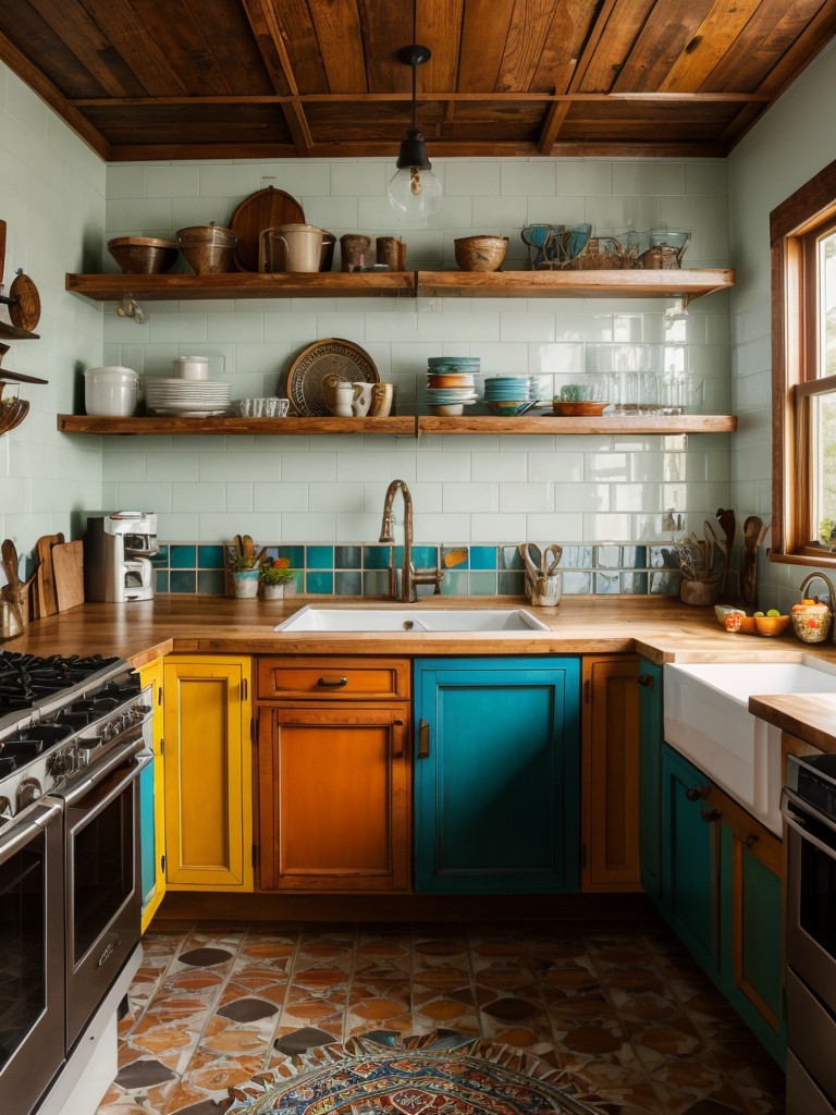 Bohemian-inspired kitchen featuring colorful tiled countertops, eclectic accessories, and distressed wooden cabinetry for a vibrant and eclectic feel.
