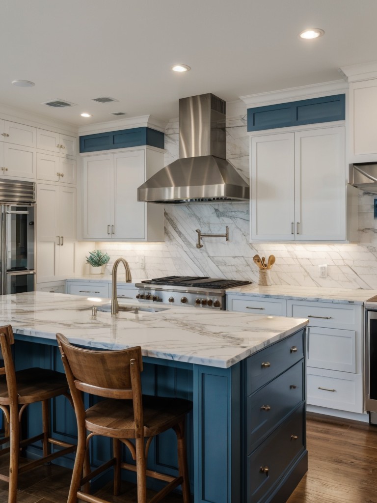 Coastal-inspired kitchen with marble countertops, coastal blue cabinetry, and nautical accessories for a breezy and beachy feel.