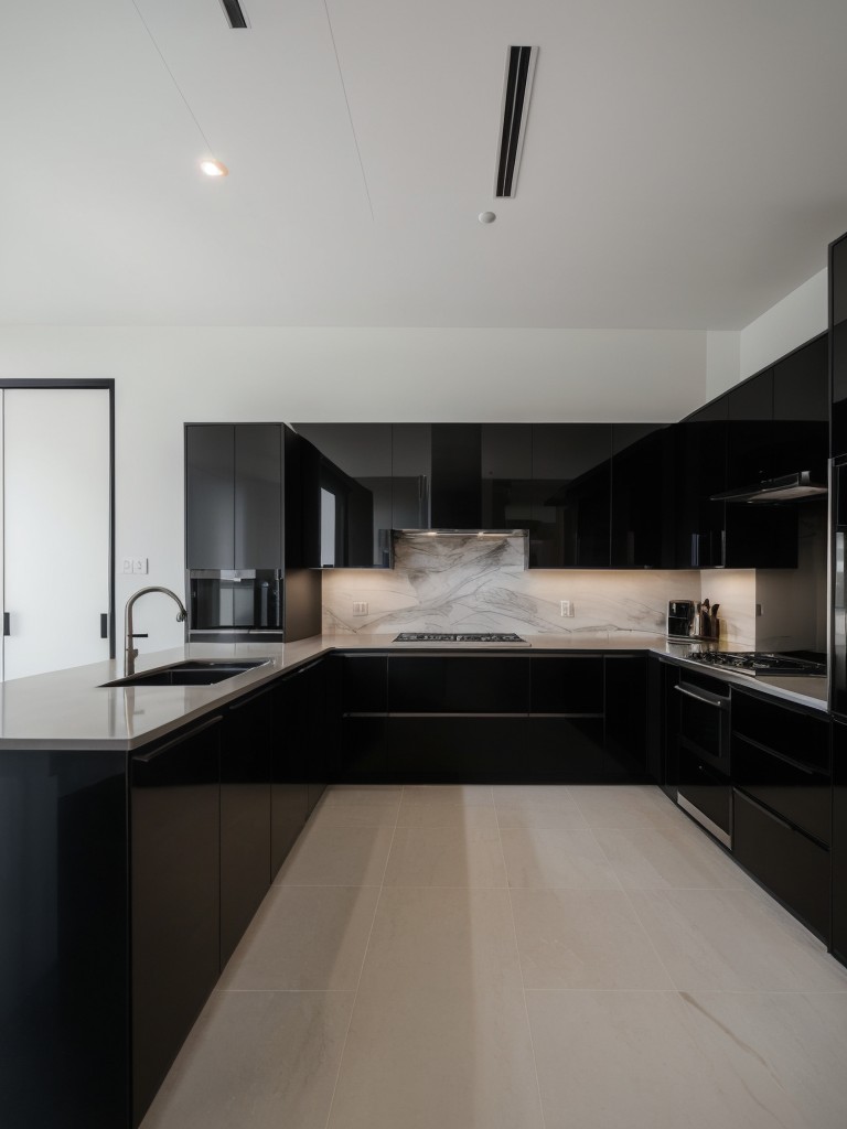 Contemporary kitchen design with waterfall edge countertops, sleek black cabinetry, and minimalist decor for a sleek and sophisticated aesthetic.