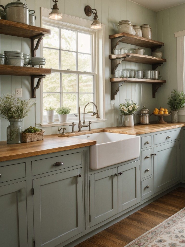 Country cottage kitchen style with floral patterned countertops, open shelving for displaying vintage dishware, and traditional cabinetry for a cozy and nostalgic ambiance.