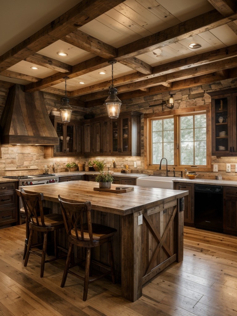 Cozy and rustic cabin kitchen featuring stone countertops, exposed wooden beams, and natural elements for a warm and inviting atmosphere.