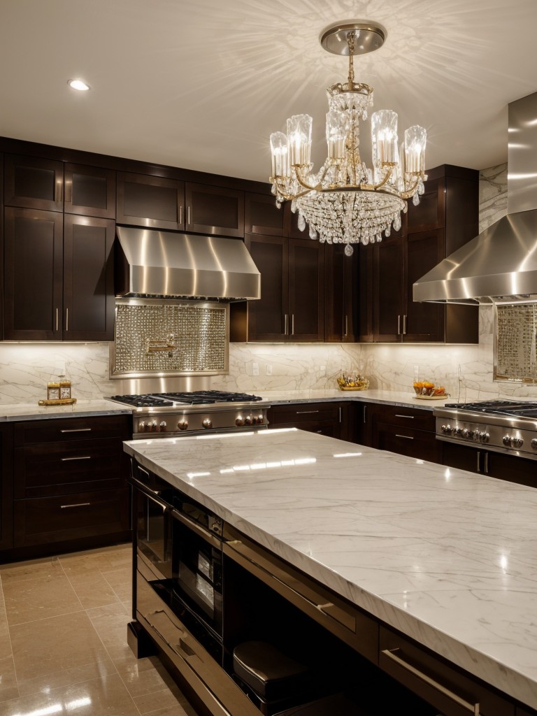 Glamorous kitchen design with mirrored countertops, crystal chandeliers, and luxurious finishes for a glamorous and opulent atmosphere.