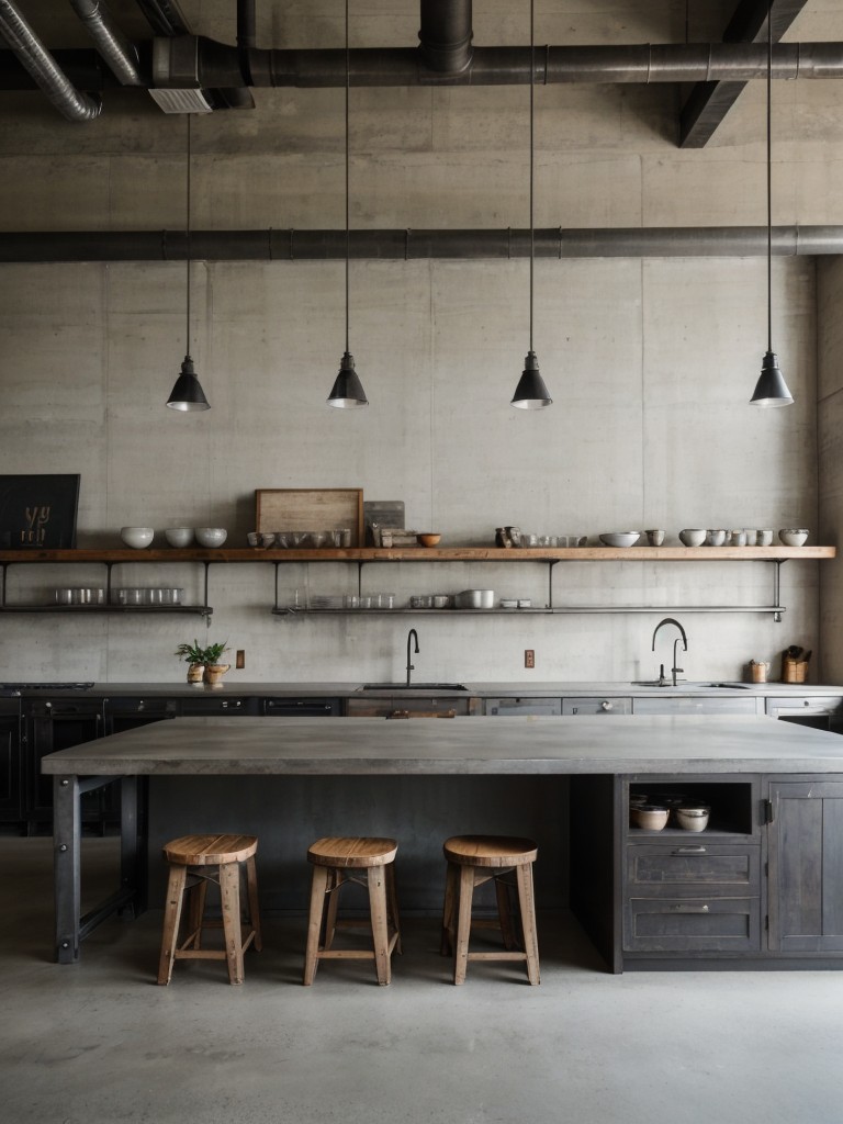 Industrial chic kitchen with concrete countertops, exposed pipes, and reclaimed wood elements for a trendy and urban feel.