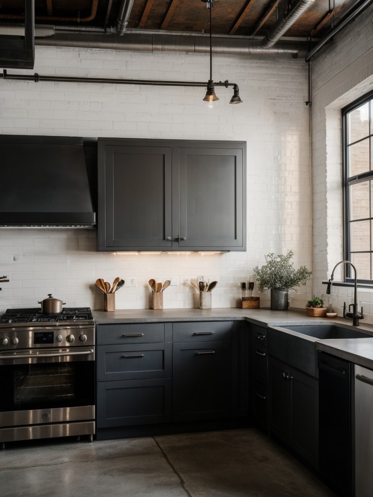 Industrial-inspired kitchen featuring concrete countertops, exposed brick walls, and metal accents for a modern and edgy vibe.