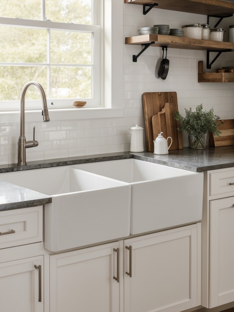 Modern farmhouse kitchen design with sleek quartz countertops, open shelving, and a farmhouse sink for a contemporary take on a classic style.