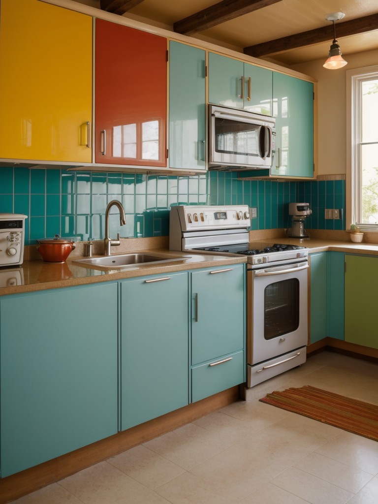 Retro-inspired kitchen with vibrant colored countertops, funky wallpaper, and vintage appliances for a fun and nostalgic ambiance.