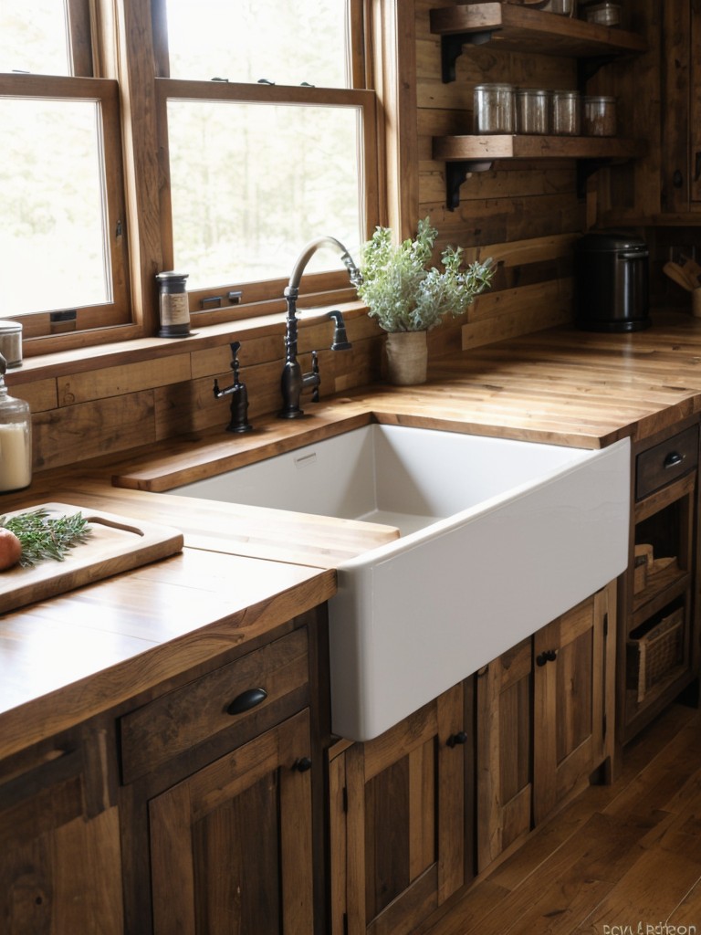 Rustic kitchen aesthetic with butcher block countertops, farmhouse sink, and open wooden shelves for a cozy and inviting atmosphere.