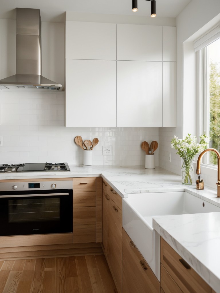 Scandinavian kitchen design with light wood countertops, white cabinetry, and pops of color through accessories and artwork for a fresh and airy vibe.