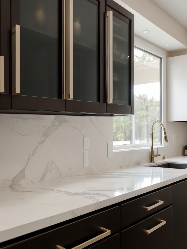 Sleek and sophisticated kitchen featuring quartz countertops, glossy cabinetry, and metallic accents for a luxe and elegant feel.