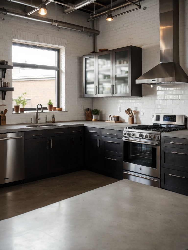 Urban loft kitchen design with concrete countertops, exposed brick walls, and stainless steel appliances for an industrial and contemporary vibe.