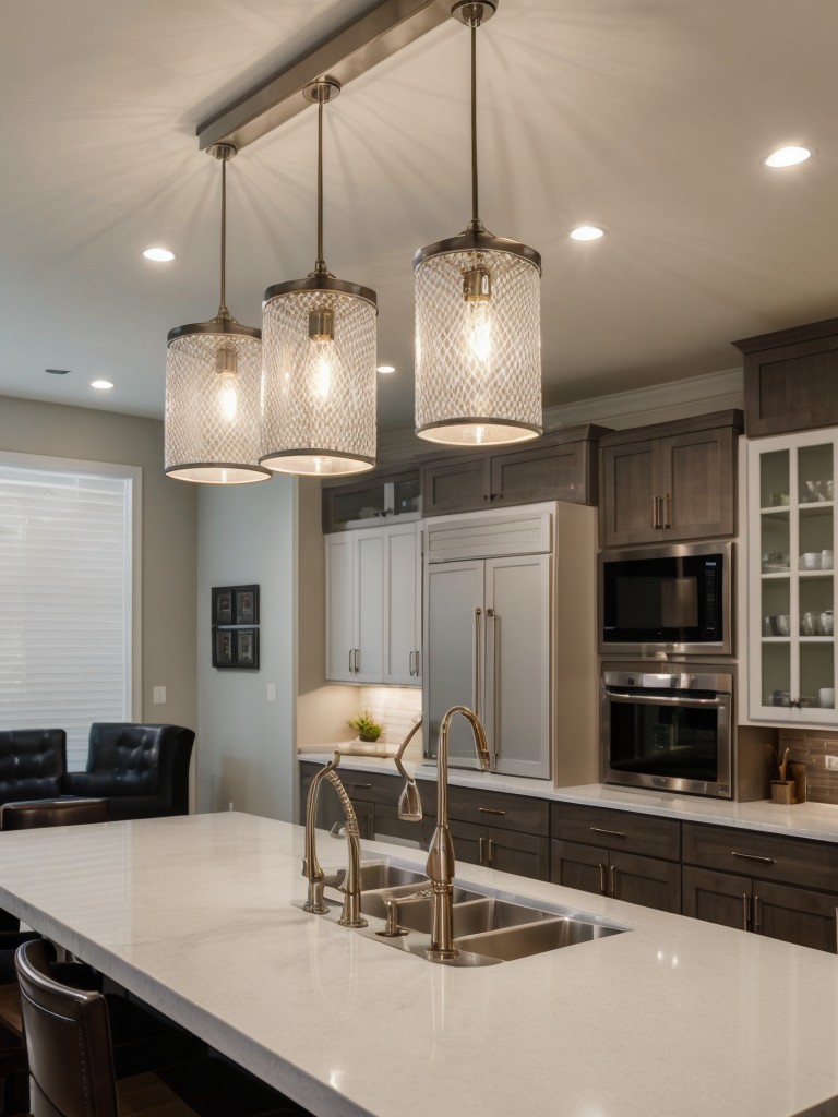 Adding a touch of personality to the space by incorporating statement lighting fixtures above the kitchen island and in the living room area.