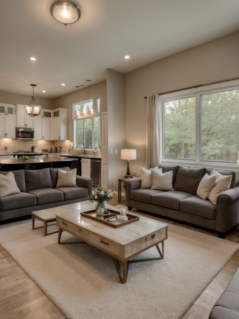 Creating a cozy living room ambiance with comfortable seating, plush carpets, and soft lighting, while maintaining a sleek and efficient kitchen layout.