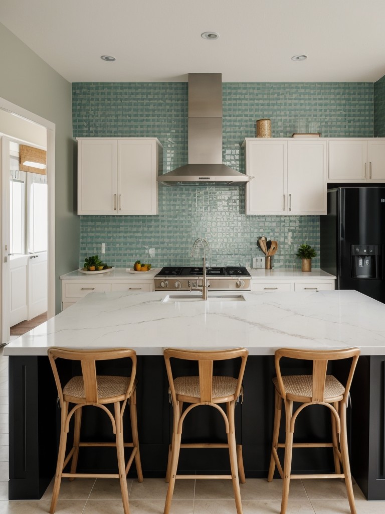 Creating visual interest in the kitchen and living room by adding an accent wall with a bold color, unique patterned tiles, or a textured wallpaper.