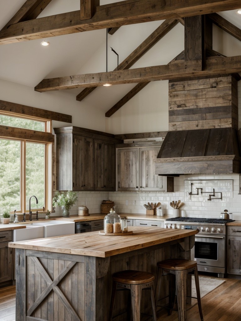 Embracing a modern farmhouse aesthetic by incorporating rustic elements in the kitchen, such as exposed beams and distressed cabinets, and pairing it with cozy living room furniture.