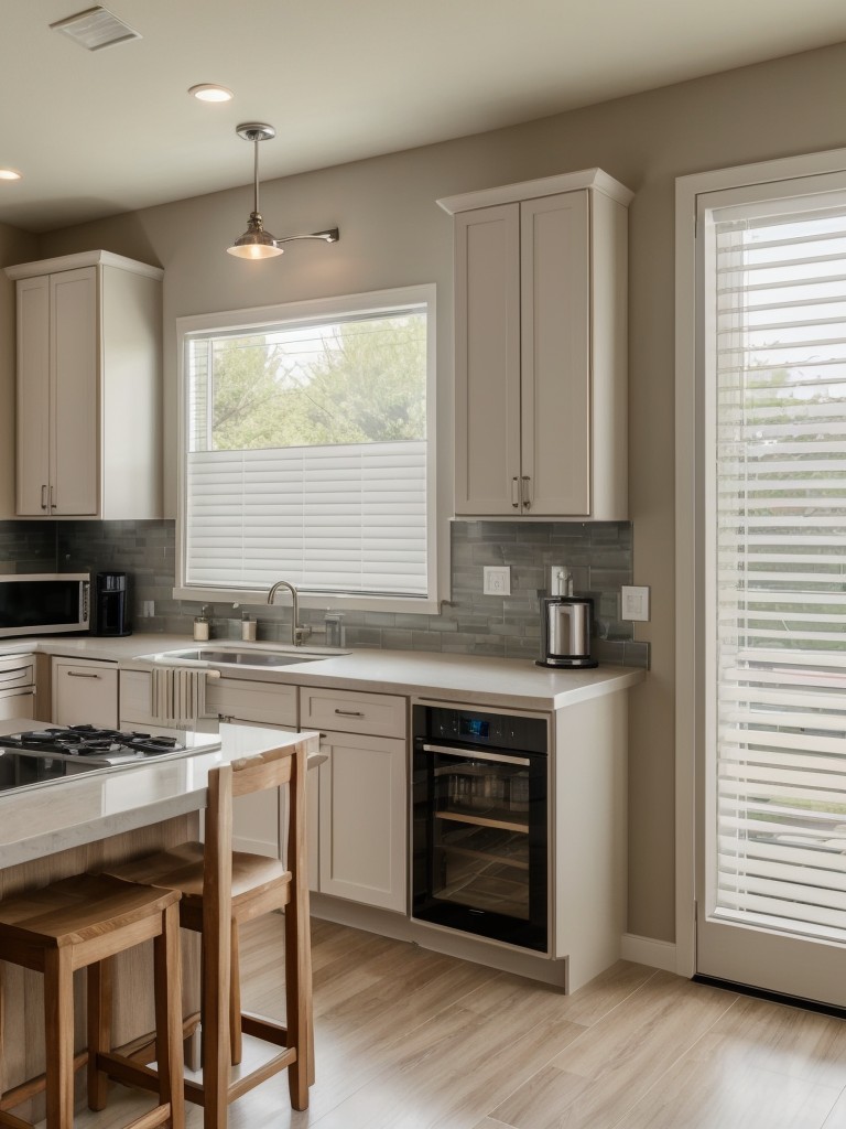 Integrating smart home technology in the kitchen and living room, with features such as voice-activated lights, automated blinds, and a connected entertainment system.