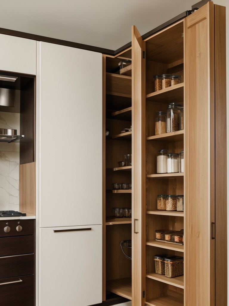 Maximizing storage in the kitchen by utilizing vertical spaces with tall cabinets and incorporating hidden storage solutions for a clutter-free living room.